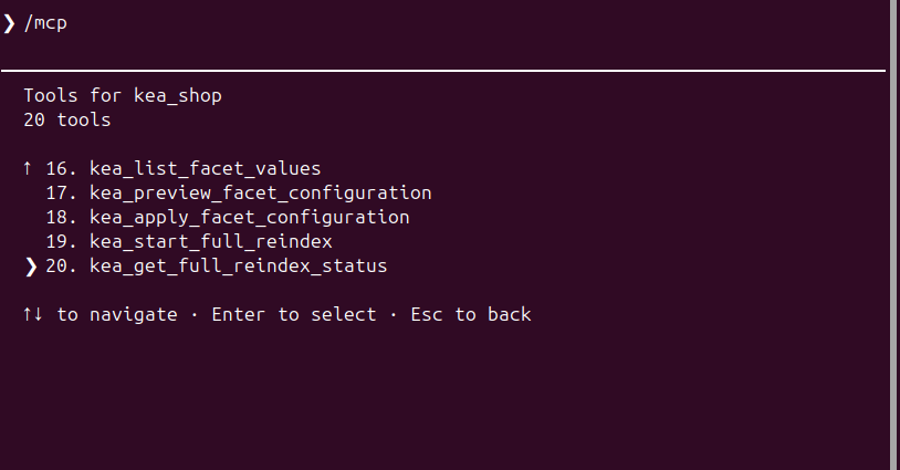 Claude Code listing Kea Search Pro facet configuration and full reindex MCP tools