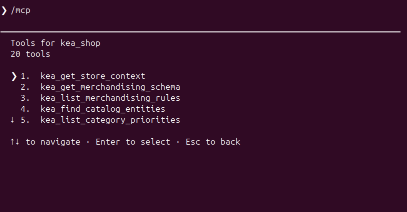 Claude Code listing Kea Search Pro store, merchandising, catalog, and category-priority MCP tools