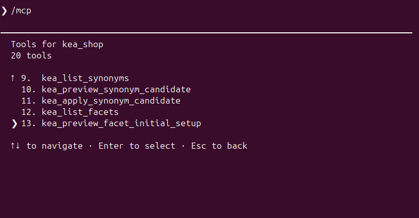 Claude Code listing Kea Search Pro synonym and facet MCP tools