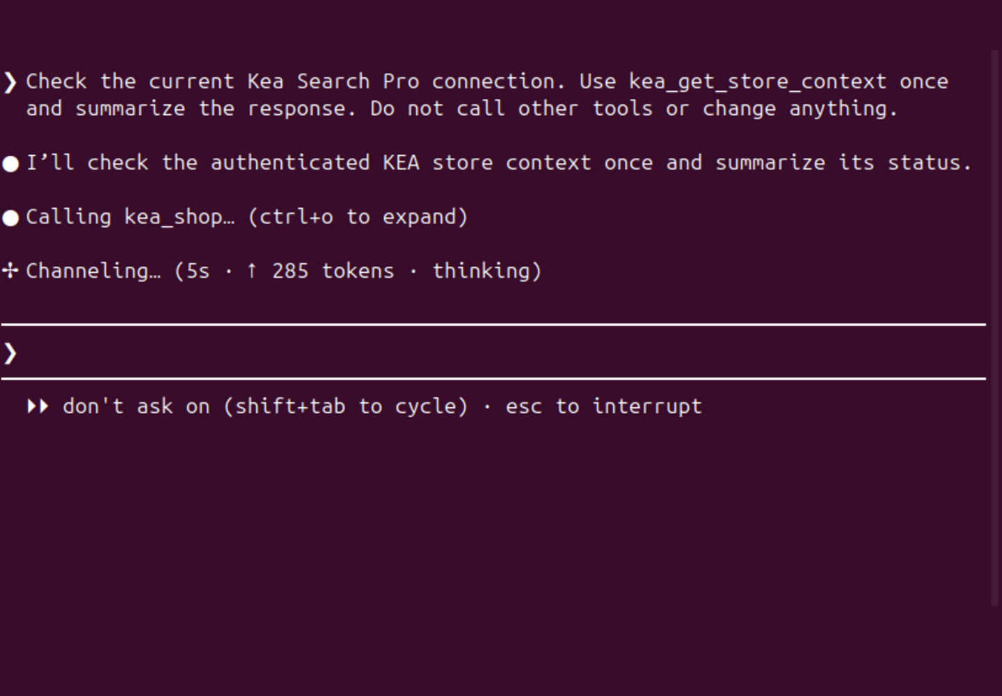 Claude Code appelant la connexion authentifiée à la boutique Kea Search Pro avant de configurer la recherche