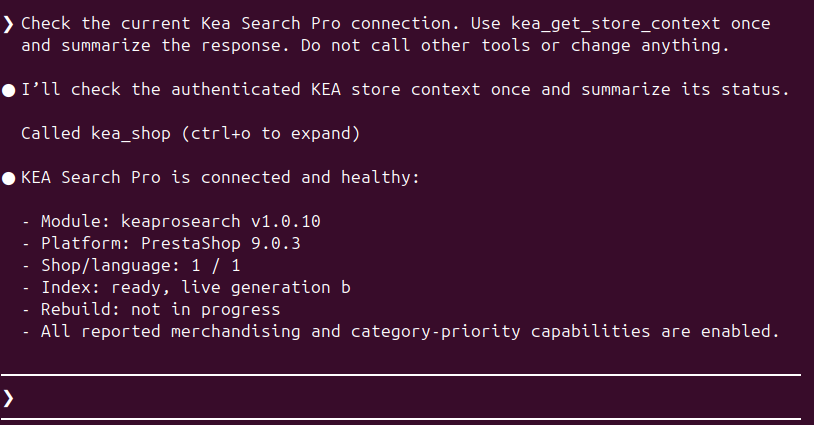 Claude Code reading the authenticated Kea Search Pro store context and confirming a ready index