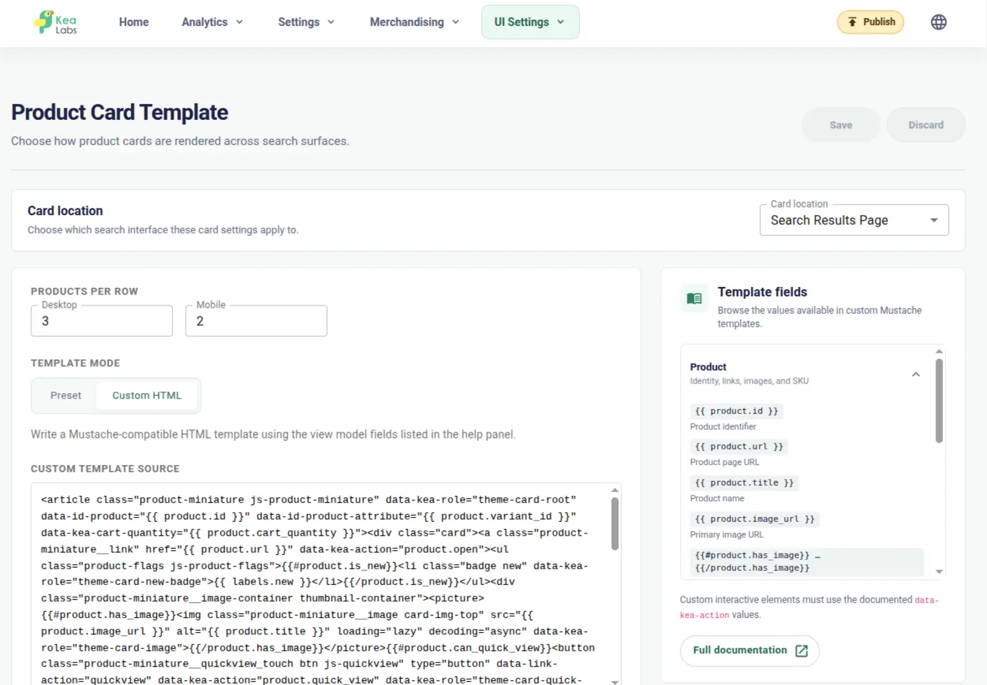 Éditeur de modèle de carte produit Kea Search Pro avec Custom HTML sélectionné et un modèle Hummingbird généré par IA appliqué à la page de résultats de recherche