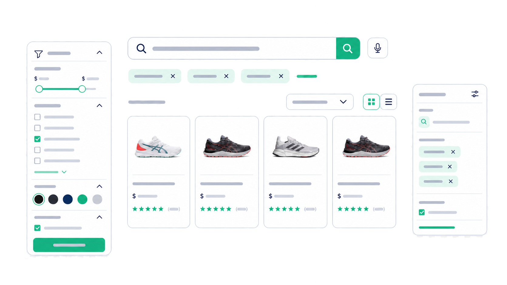 Keyword search results, product cards, active filters, and catalog controls working together