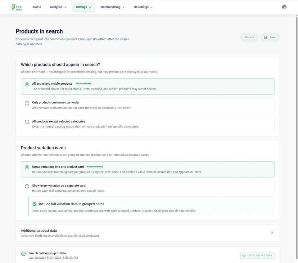 Kea Search Pro catalog data settings available for review before configuration