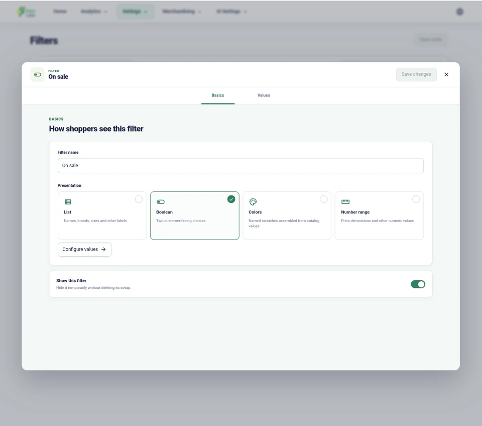 Editor de filtros de Kea Search Pro con opciones de presentación de lista, rango, color y tipo sí/no