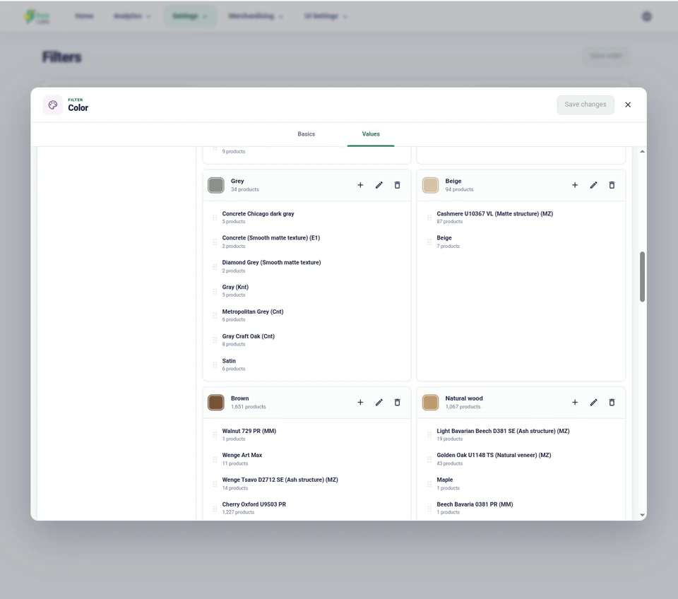 Kea Search Pro color filter editor grouping catalog values into shopper-friendly color swatches