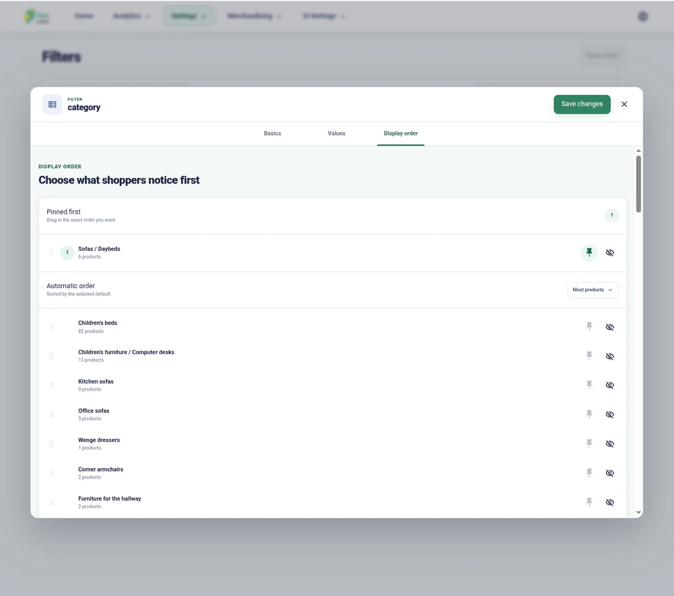 Editor de filtros de Kea Search Pro con una lista ordenada de valores de filtro para la tienda