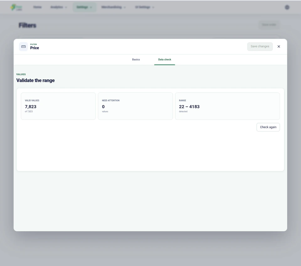 Validación de filtros de Kea Search Pro con productos afectados y rango de valores numéricos