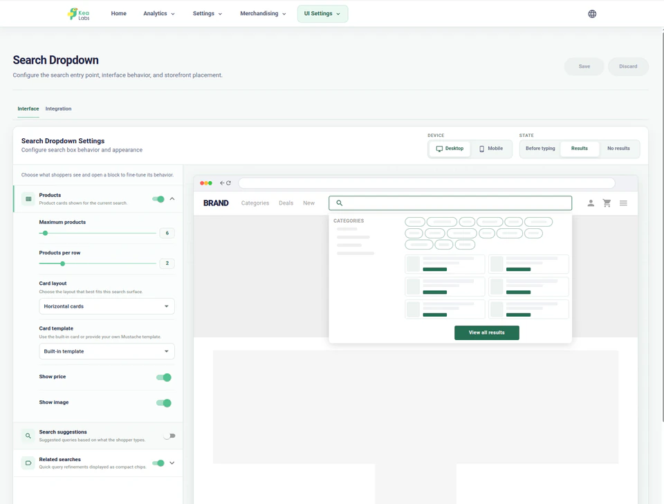 Editor del menu di ricerca desktop di Kea Search Pro con anteprima del negozio e controlli dell'interfaccia
