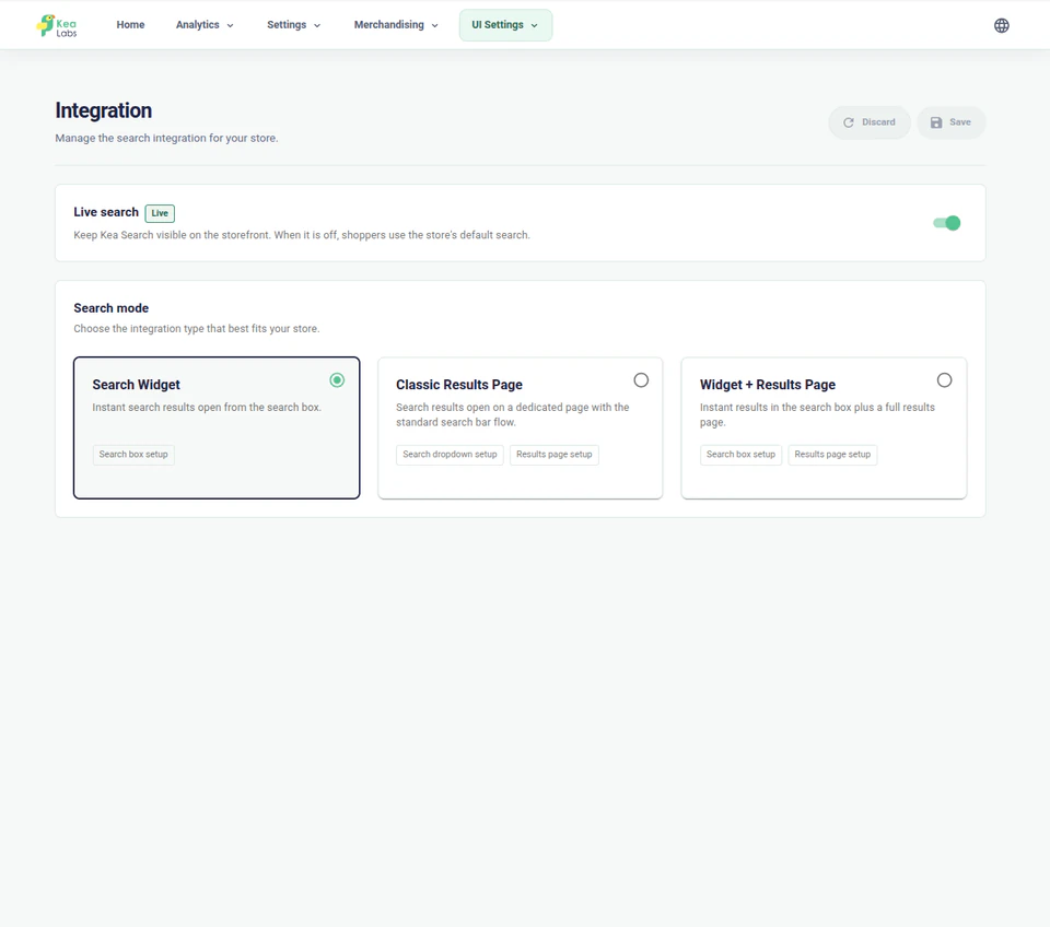 Impostazioni di integrazione di Kea Search Pro con modalità widget, pagina dei risultati Classic e layout combinato