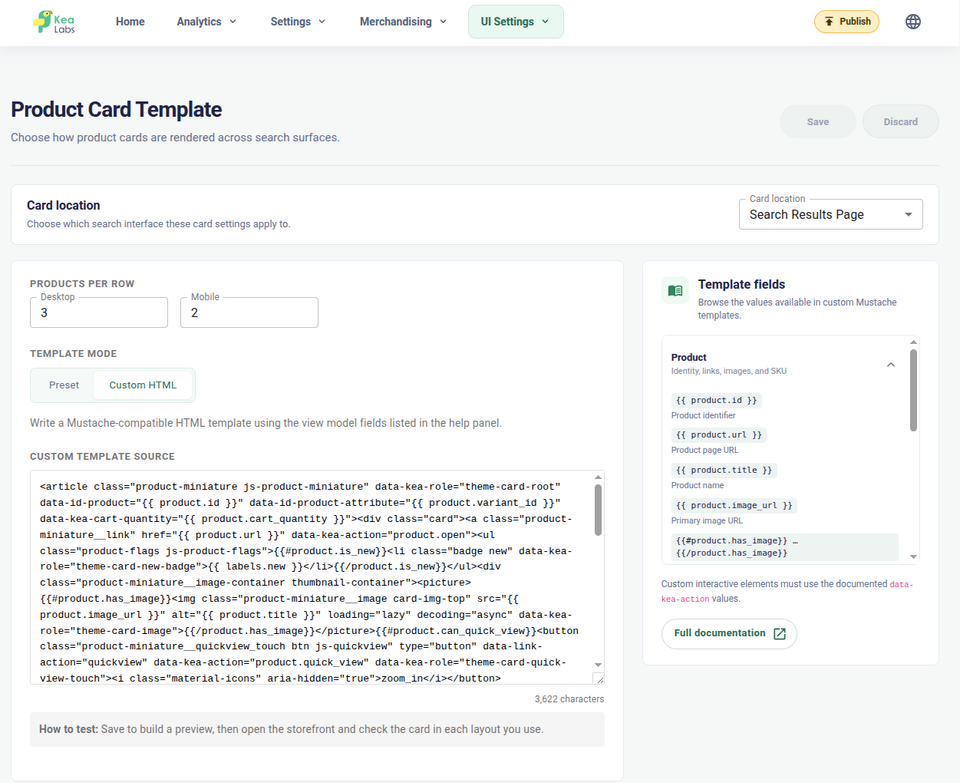 Kea Search Pro product-card template editor with custom HTML and documented store data fields