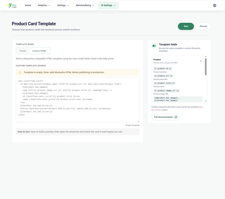 Editor del template personalizzato Product Card di Kea Search Pro con HTML e campi documentati del template