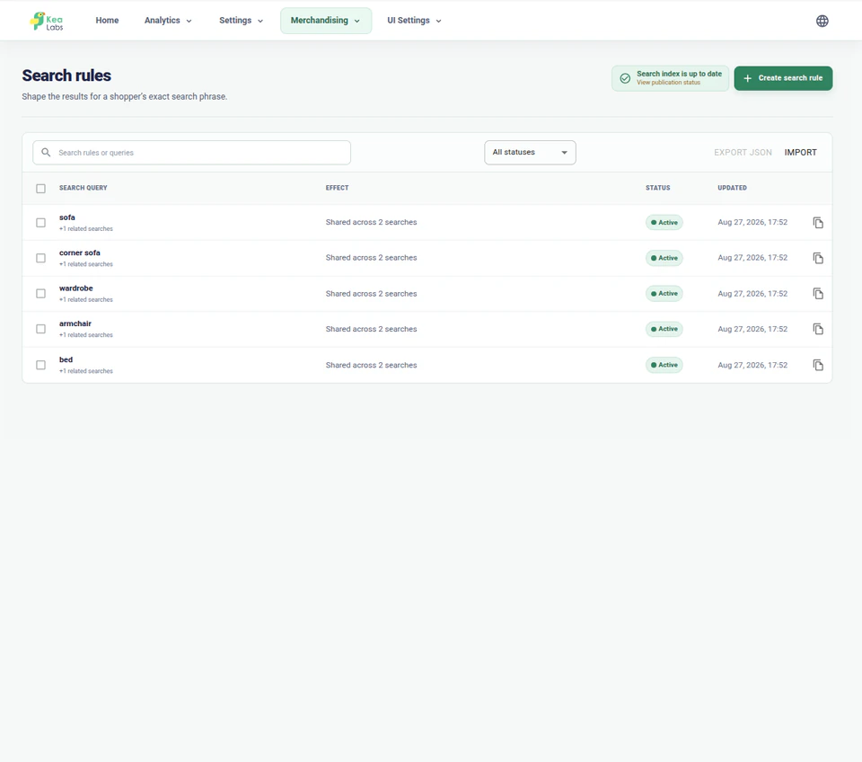 Kea Search Pro search-rules list with active status, applicable queries, and publication controls