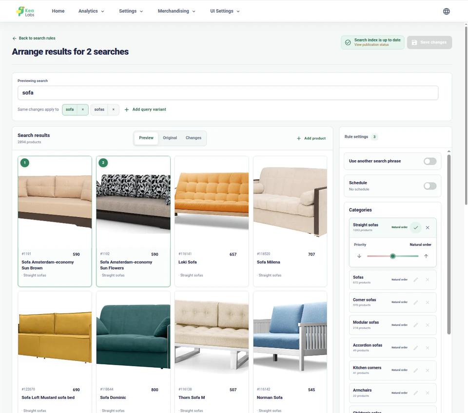 Kea Search Pro merchandising rule with adjusted search results ready for review
